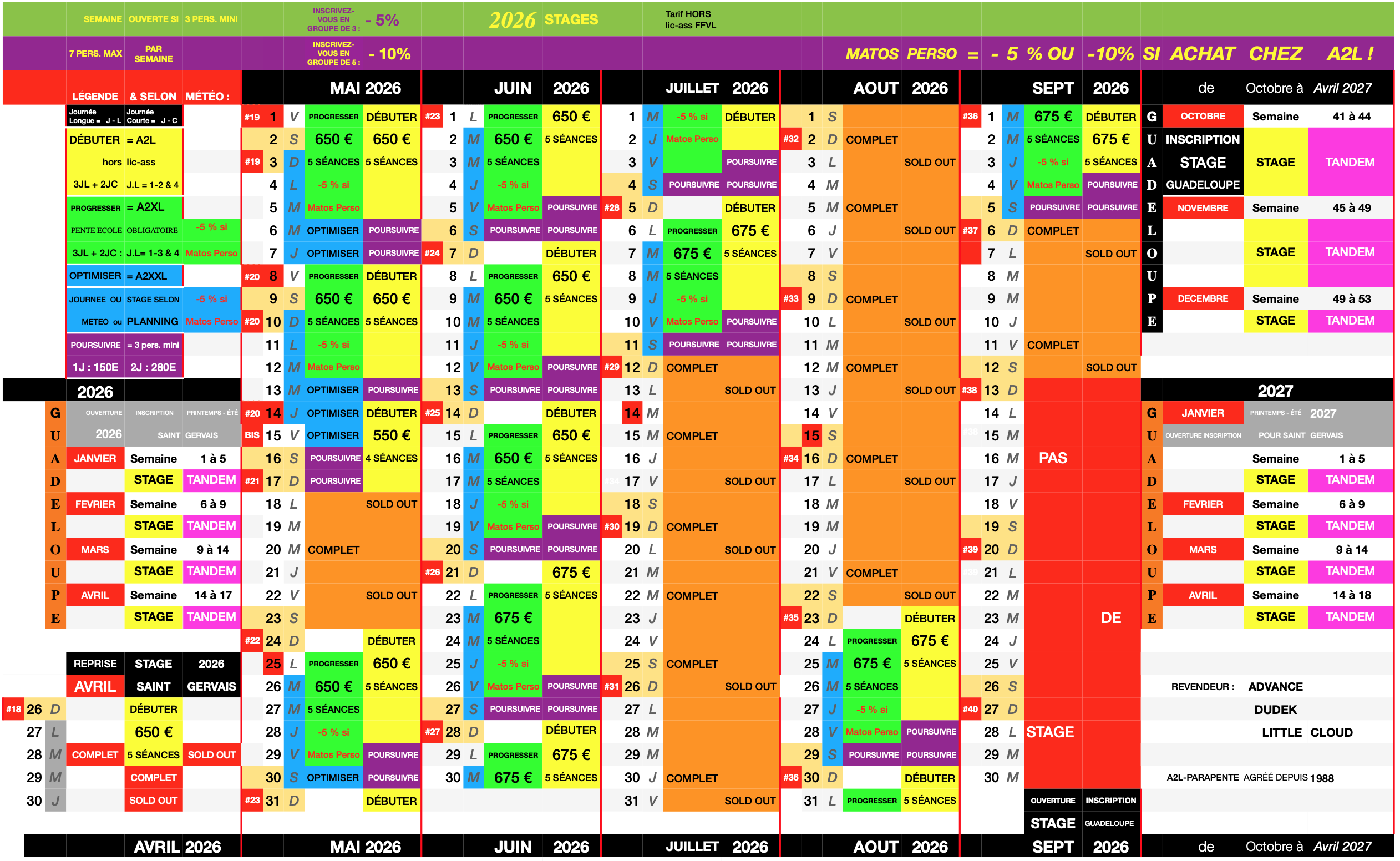Calendrier 2026 A2L-Parapente